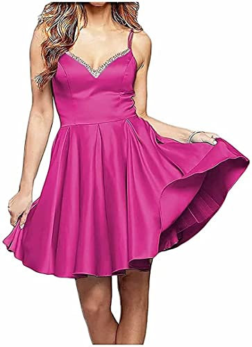 SAYNO Vestido corto de satén con cuello en V y bolsillos para fiesta de graduación, fucsia, 36