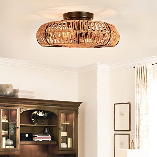 LJX Industrial Caged Ceiling Fan with Lights and Remote, DC Hemp Rope Retro Design, Silent, E27 Base, Timer, Reversible, Vintage, Bedroom Bar