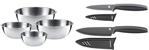 WMF Gourmet Schüsselset 4-teilig, für die Küche 0,75l-2,75l & Touch Messerset 2-teilig, Küchenmesser mit Schutzhülle, Spezialklingenstahl antihaftbeschichtet, scharf, Kochmesser, Gemüsemesser, schwarz
