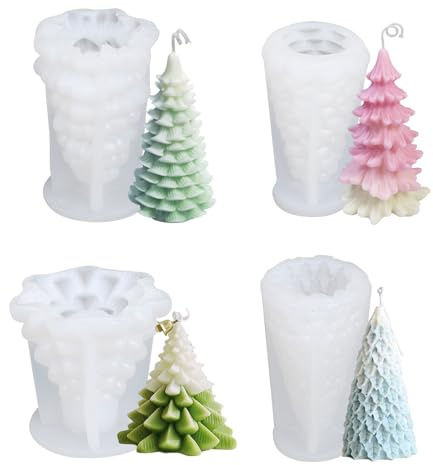 4 Stück 3D Weihnachtsbaum Kerzenform Silikon Formen, Weihnachtsbaum Silikonform für Kerze Machen, Harz Form, Silikonformen Gießformen, Aroma Kerzenform zum DIY, Weihnachten Deko