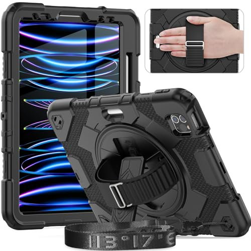 timecity for iPad Air 5th/4th Generation, iPad Pro 11 Inch Case,Heavy Duty Shockproof Case with Screen Protector, 360 Rotating Stand/Hand Strap/Pencil Holder for iPad Air5 10.9, Black
