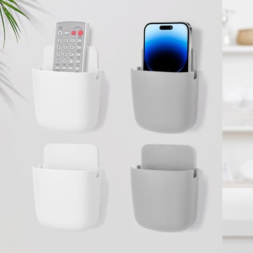 Minicoco 4 Pcs Remote Control Holder Wall Mounted TV Remote Holder Organiser Self-Adhesive Remote Control Storage Box for Living Room Armchair Bedroom, Phone Holder Organizer (White*2, Grey*2)
