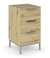 Rauch Möbel Flipp, Nachttisch, Nachtkommode für Schlafzimmer, mit Metallkufe chrom, Eiche Artisan, Holz, 3 Schubladen, Griffe chrom, 40x72x42cm