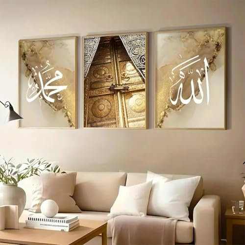 BMGKYAGL Kaaba Tür Goldene Kalligraphie Poster Wandkunst Leinwand Malerei Druck Bild Schlafzimmer Dekor 50x70cmx3 Rahmenlos