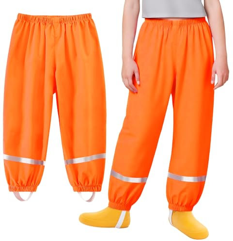 Baogaier Pantaloni Impermeabili Bambino, Unisex Ragazzi Ragazze Traspirante Antipioggia Antivento Salopette Arancio Leggero con Striscia Riflettente Bambini Outdoor Pantalone 9-10 Anni
