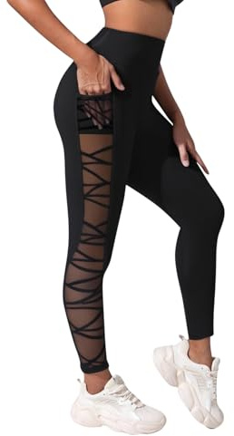 Sport Leggings Damen Sexy Mesh Yoga Hose High Waist Yoga-Leggings Skinny Stretch Sporthose Jogginghose Bauchkontrolle Nicht durchsichtig Sportleggings