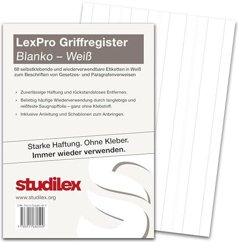 Studilex LexPro Griffregister BLANKO WEISS für HABERSACK, SARTORIUS und andere Gesetzessammlungen — Wiederverwendbare selbsthaftende Register-Reiter OHNE KLEBSTOFF zum Beschriften — Register-Etiketten