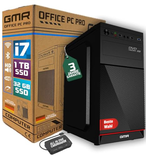 Intel i7 - Business Office Multimedia Computer mit 3 Jahre Garantie! | 32 GB RAM | 1000GB SSD | DVD ± RW | USB 3.0 | Windows 11 Prof. 64-Bit | Smart ID Card Reader 5-in-1 | WiFi and Bluetooth