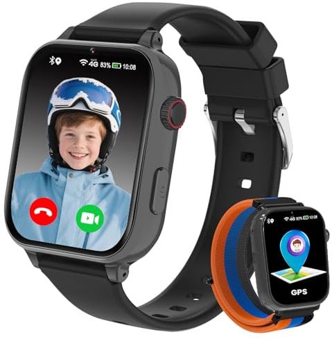 Montre Connectée Enfant 4G GPS - Smartwatch Téléphone Pour Fille Garçon avec SOS, Chat, Appel Vidéo, WiFi, Mode Classe, Réveil, Caméra, Jeux, Montre Intelligente Enfants Cadeau 4 à 12 Ans, Noir