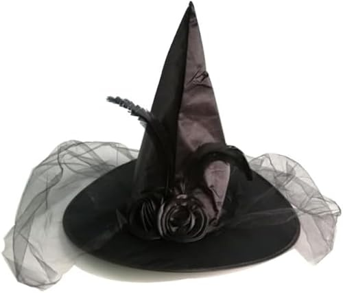 VEYLIN Hexenhut für Halloween, Schwarzer Zauberhut mit Federn und Netz, Hexen-Kostümzubehör für Damen