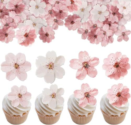 HSC 75 Pack Edible Flowers for Cakes Cherry Blossom Toppers Edible Cake Decorations Rice Wafer Paper Cake Picks for Bridal Baby Shower Kids Birthday Pink