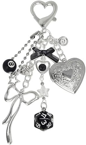 Zosutetoxo Y2K Aesthetic Porte-clés Argent – Charm de Sac Kawaii avec Noeud, Médaillon en Cœur, Boule de Billard 8 & Dés – Accessoire de Sac Coquette & Porte-clés pour Femmes & Filles
