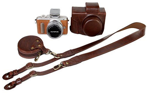 SundayZaZa Schützender PU-lederner Kamera-Kasten-Beutel Für Olympus Pen Lite E-PL8 EPL8 mit 14-42mm EZ F3.5-5.6 Objektiv mit Bügel-Gurt und Speicherkarten-Kasten Dunkelbraun