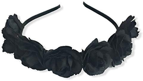 Rose Garland on Headband Women Girls Crown Halloween Sugar Skull Velvet Fabric Alice Band (Black)