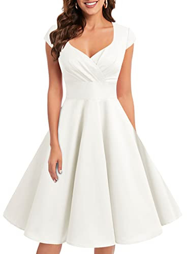 bbonlinedress Women's 50s 60s A Line Rockabilly Dress Cap Sleeve Vintage Swing Party Dress White 2XL