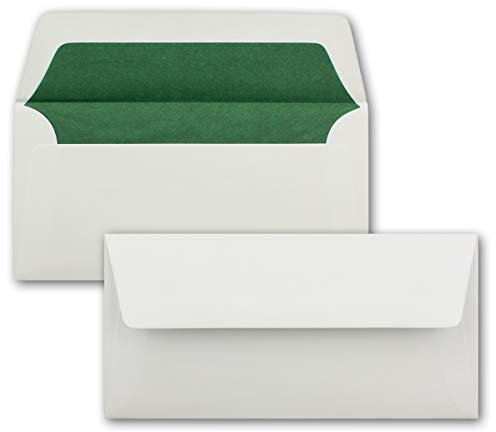 200 Briefumschläge Weiß - DIN Lang - gefüttert mit dunkelgrünem Seidenpapier - 22 x 11 cm - Nassklebung, gerade Klappe - Ideal für Einladungen und Grüße zu Geburtstag und Weihnachten