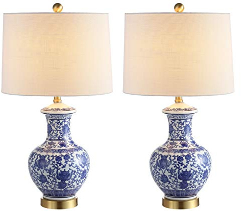 JONATHAN Y 25.25 Blue/White Ceramic Ginger Jar Table Lamp Set of 2, Traditional Brass Gold Base for Living Room Bedroom, White Linen Drum Shade, LED Bulbs Included JYL1072A-SET2