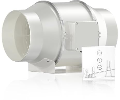 Hon&Guan 150mm Regelbarer Rohrventilator, 530m³/h Inline Rohrventilator mit Kontrolle, Abluftventilator für Belüftung, Wachstumszelte, Hydroponik, Keller, Garage, Küche, Zwei Geschwindigkeit, Grau