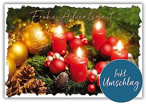 bsb Weihnachtskarte mit Umschlag - Adventskarten mit Türchen - Adventskalender Postkarte mit Adventskranz-Motiv - Karte Adventskalender - Weihnachten-Karte in 11,5 x 17,0 cm