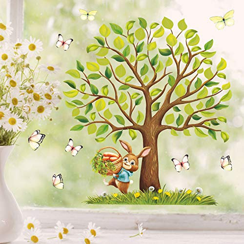 Wandtattoo Loft Fensterbilder Frühling Hase, Karotten und Baum Motiv – A4 Bogen, Wiederverwendbar – Frühlingsdeko Fenster, Frühlingsbild Fenster, Fensterdeko Frühling, Fensterfolie Frühling