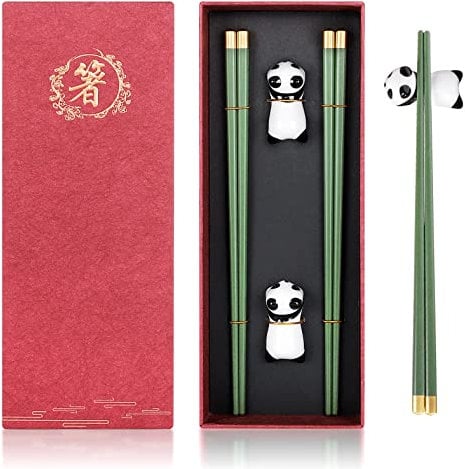 Baguettes Japonaises Réutilisables Avec Support - Coffret Cadeau Chinois en Alliage Lavables au Lave-Vaisselle + Repose-Baguettes Panda Mignon en Céramique (2 Paires)