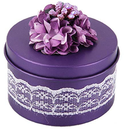 TOSSPER Runde Form Tinplate Keksdosen, Bonbons Kekse Festlichkeit-kästen Blumen-Knoten-Band-Spitze-Hochzeit Weihnachtsfest-dekor (lila)