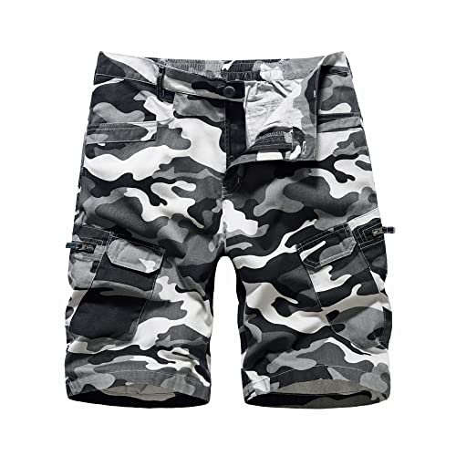 LY4U Camo Shorts Lässige Cargo Kampfshorts aus Baumwolle für Herren mit Mehreren Taschen Grau L
