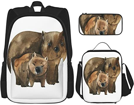 3-teiliges Set Rucksäcke Blau Australische Tiere Aquarell Tierwelt Weiß Wombat Australien Tag Bunt Büchertasche Reisen Camping Arbeit Schultasche Federmäppchen Lunchpaket Kombination Für Männer Frau