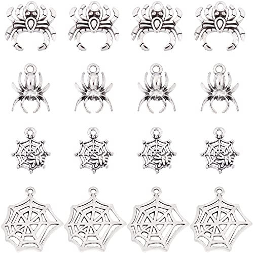 SUNNYCLUE 1 Box 80 Stück 4 Stil Spinnen-Charms Im Tibetischen Stil Halloween-Spinnen-Charms Für Die Schmuckherstellung Legierung Spinnennetz-Charms Ohrringe Halskette Armbänder Zubehör Halloween-Dekor