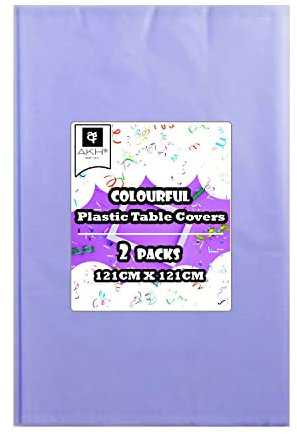 AKH® Plain Pastel Table Cloths | Pack of 2 | Colourful Plastic Table Cover Tablecloth for Wedding, Baby Shower, Birthday Party, Easter | Premium Durable All Purpose Tablecloth | 121CMx121CM (Purple)