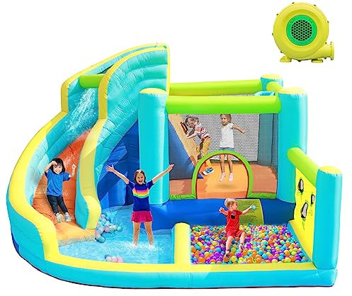 Inflatable Bouncy Castle Large Bounce House Water Park with Spray Slide Trampoline Paddling Pool Climbing Wall Basketball Hoop and Air Blower for Kids Toddler Garden Outdoor Holds Up to 5 Children