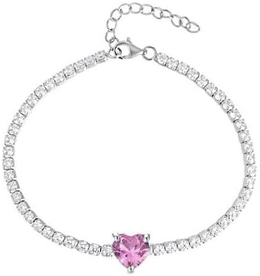 MAISON GIOIELLI FIRENZE - OHANA Bracciale Donna Tennis Placcato Oro Bianco con Zircone a Forma di Cuore Colorato, Bracciale Chiusura a Moschettone Ipoallergenico, Antigraffio e Waterproof (rosa)
