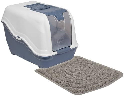 Litière pour chat XXL Netta Maxi Blanc/bleu avec grand tapis