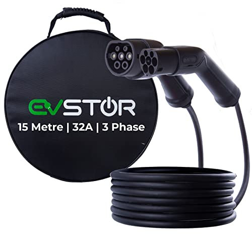 EVSTOR EV/Electric Vehicle Charging Cable | Type 2 to Type 2 | 15 metre | 32 Amp | 3 Phase | 22KW | IEC 62196-2 | Mode 3 | FREE Carry Bag (15 metre)