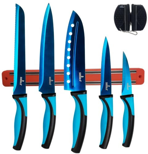 SiliSlick Buntes Edelstahl Messerset – Titanbeschichtetes Küchen Starter Set mit Allzweckmesser, Santoku, Brot, Koch- und Schälmessern mit schwarzem Spitzer und magnetischem Montagegestell