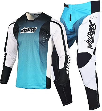 Willbros Motocross Jersey Hose Combo Männer Frauen Motorrad MX Getriebe Set Radfahren Offroad Dirt Bike Erwachsener Reiten BMX ATV Weiß Blau (Jersey M Hosen 32)
