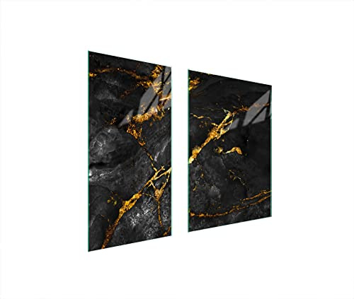 DarHaus Herdabdeckplatten 2-Teilig 75x52 cm Ceranfeldabdeckung Gehärtetes Glas Marmor Golden Herdschutz Spritzschutz Schneidebrett für Küche Elektroherd Induktion
