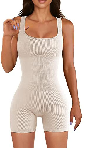 Yoga Jumpsuit Damen Kurz - Gerippter Overall Damen Eng Sport Jumpsuit Sexy Ärmellose Figurformende Einteiliger Hose Body Shape Bodybuilding Gym Fitness Trendige Streetwear Jumpsuits für Frauen