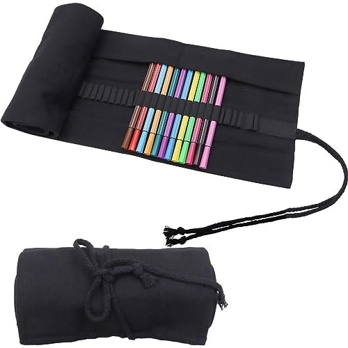 Yeria Trousse à Crayons à 72 Trous,Pencil Case pour Les étudiants Artistes,Trousse Crayon de Couleur Enroulable,Etui Stylo Multifonctionnelle en Toile (Noir)