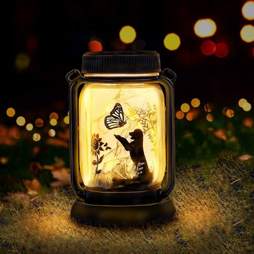 JIAUFU Gartenlampe Dekor Solar wasserdichte Hund Lichter mit Schmetterling, Geschenke für Frauen Männer Hund Liebhaber Geschenke, Hängende Hund Laternen mit Pfahl für Yard Rasen Garten Dekor