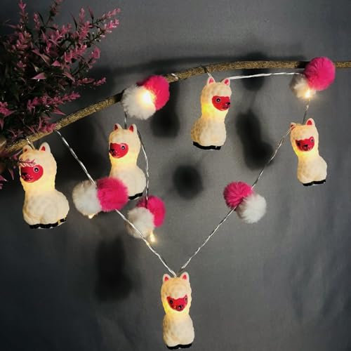 Riaxuebiy Pom Pom Lama-Lichter,Batteriebetriebene Lichterketten mit Alpaka und Pompons Beleuchtungsdekoration für Weihnachtsfeiertage, Kinderzimmer, Hochzeit (1.65m/10led, Alpaka)