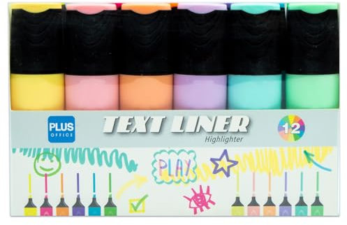 Plus Office Textmarker mit abgeschrägter Spitze, 12 Textmarker in Neon- und Pastellfarben, phosphoreszierende Marker auf Wasserbasis (Packung mit 12 Neon- und Pastellfarben)