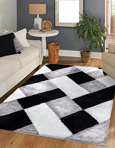 3D Shaggy Rugs Modern Geometric Design Large Area Rugs for Living Room Bedroom Thick Fluffy Floor Mats Small Door Mat (Black white, 160 x 230 cm)