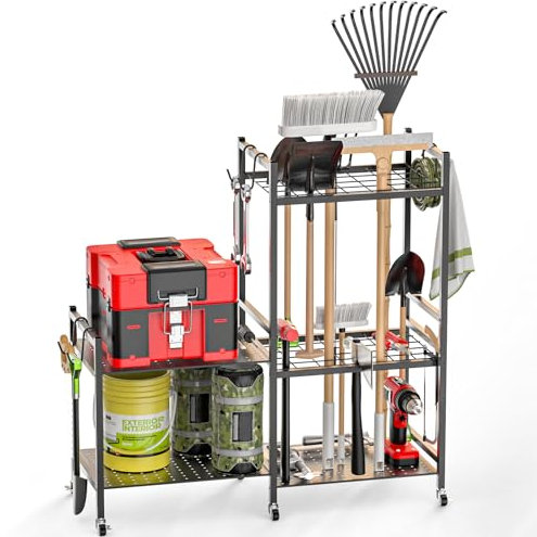 NAVOROGE Garden Tool Organizer for Garage,Yard Tool Holder with Wheels,Multifunctional Tool Storage Rack with 5 Hooks,for Garden Shed Garage Yard Basement Lawn,Up to 35 Long-Handled Tools,Black