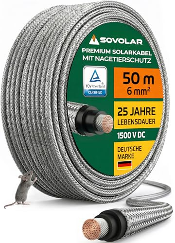 Sovolar Solarkabel 6mm2 50m - Edelstahlgeflecht Marder Abwehr - PV Kabel für Photovoltaik - Kabelschutz vor Tieren Nagerschutz - Geschäftskunden mit 19% MwSt