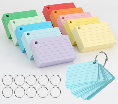 Behiruch 1000 Blätter Karteikarten A8, 150g/m²Vokabelkarten, Bunt Lernkarten, Liniert Flashcards mit 10 Binderinge, Index Cards für Vokabeln, Formeln, Notizen (10 Farben)