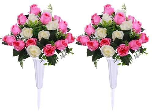 Hibsotco Set mit 2 künstlichen Friedhofsblumen mit Vase, Grabblumen, künstliche Rosenstrauß-Dekoration für Friedhof, Grabsteine, Grabstätten (weiß und rosa, 2 Blumensträuße)