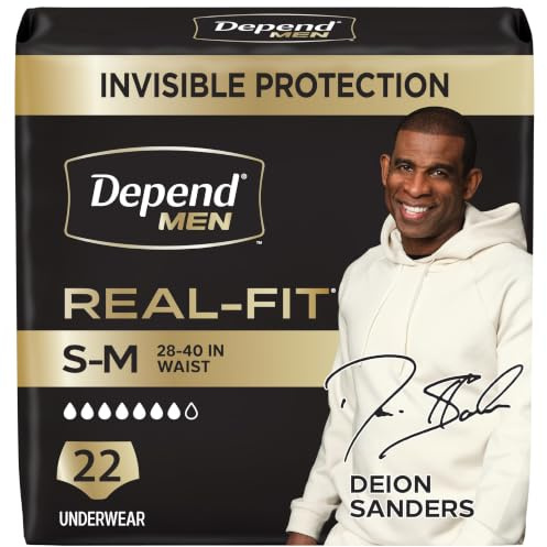 Depend Real Fit Adult Diapers, Incontinence Underwear for Men, Disposable, Maximum Absorbency, Small/Medium, Grey, 22 Count, Packaging May Vary