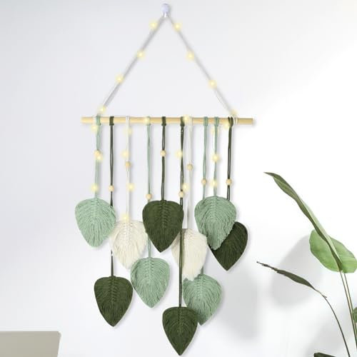 Makramee Wandbehang, Quasten Wandteppich Boho Deko, Makramee Wandteppich mit Holzperlen und Grün Blätter, Tapisserie Wandbehang Boho mit LED-Licht für Schlafzimmer, Wohnzimmer, Kinderzimmer Wanddeko