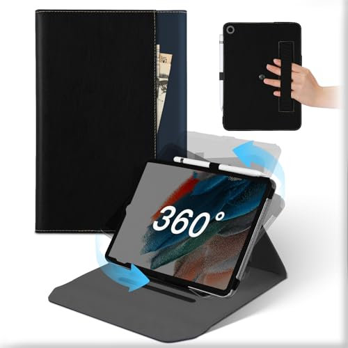 Funda para Samsung Galaxy Tab A8 10,5 Pulgadas 2021 Tablet, Carcasa Cuero 360°Soporte Giratorio y Desmontable con Portalápices& Bolsillo, Flip Auto Sueño/Estela Case Galaxy Tab A8 Tapa Negro Azul